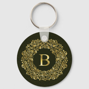 Elegant gold Green Initial B Damask Monogram Keychain