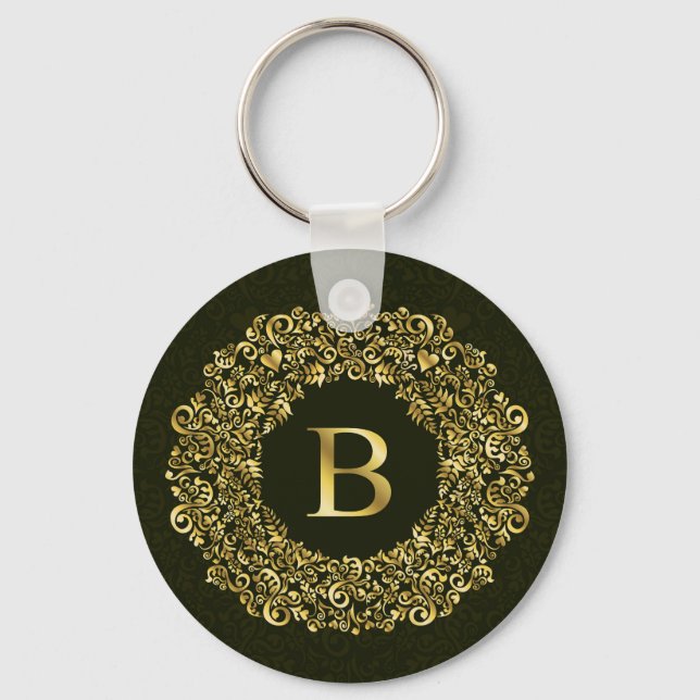 Elegant gold Green Initial B Damask Monogram  Keychain (Front)