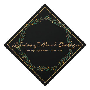 Elegant Gold Green Laurel Wreath Personalized Grad Graduation Cap Topper
