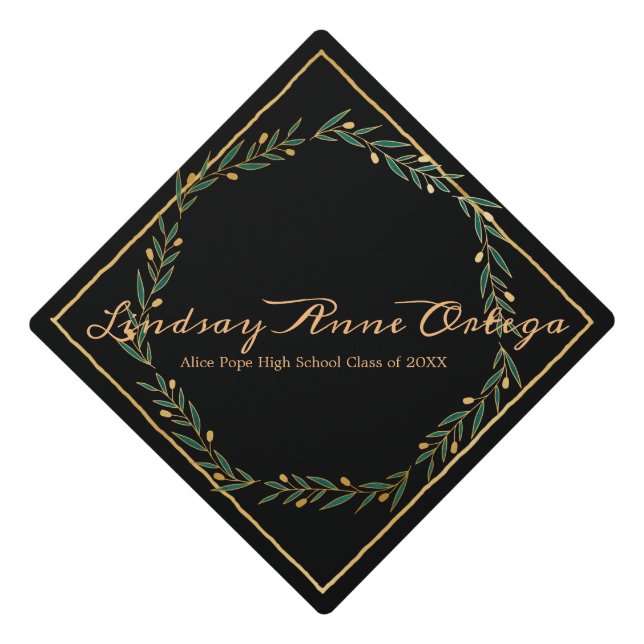 Elegant Gold Green Laurel Wreath Personalized Grad Graduation Cap Topper (Front)