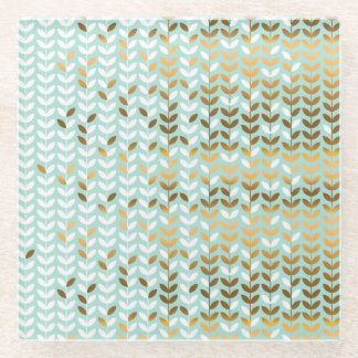 Elegant Gold Green Leaf Pattern Glass Coaster