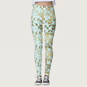 Elegant Gold Green Leaf Pattern Leggings