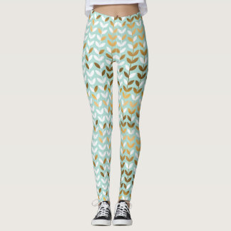 Elegant Gold Green Leaf Pattern Leggings