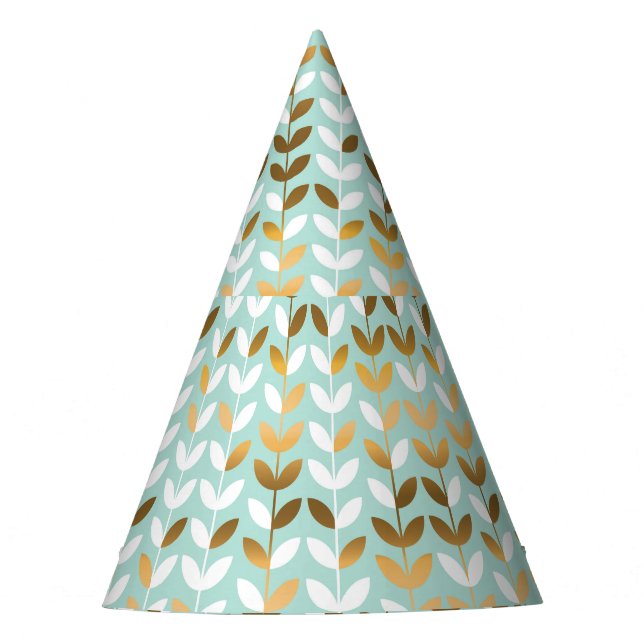 Elegant Gold Green Leaf Pattern Party Hat (Front)