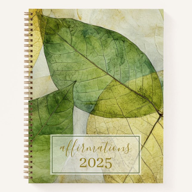 Elegant Gold Green Leaves 2025 Affirmations Notebook (Front)