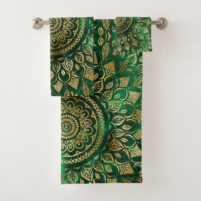 Elegant Gold Green Mandala Floral Bath Towel Set (Insitu)