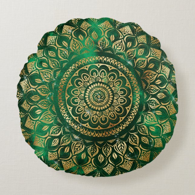 Elegant Gold Green Mandala Floral Round Pillow (Front)
