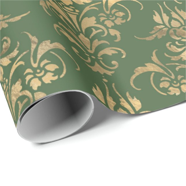 Elegant gold green royal damask floral pattern wrapping paper (Roll Corner)