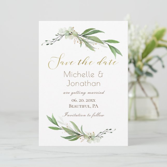 Elegant Gold Green Simple Floral Inspirational Save The Date (Standing Front)