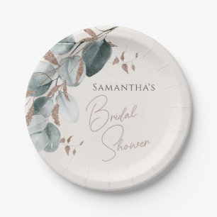 Elegant Gold Green Sparkling Leaves Bridal Shower Paper Plate