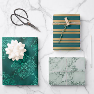 Elegant Gold Green Stripes Glitter Damask Gift Wrapping Paper Sheet