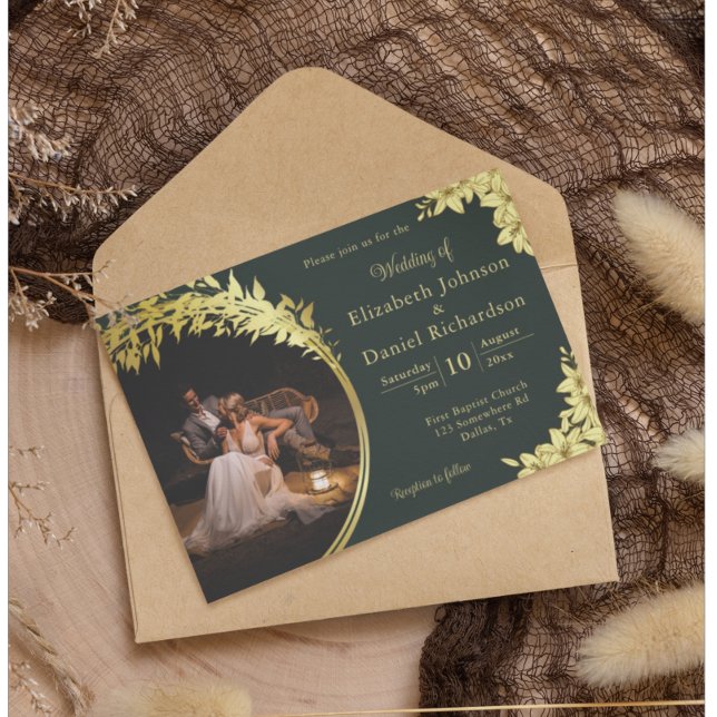 Elegant Gold, Green With Lilies Photo Wedding Invitation (Creator Uploaded)