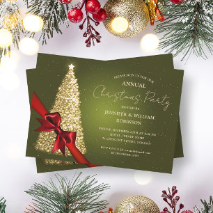 Elegant Gold Green Xmas Tree Ribbon Holiday Party Invitation