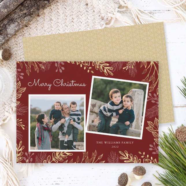 Elegant Gold Greenery 2 Photos Peace Love & Joy Holiday Card (Creator Uploaded)