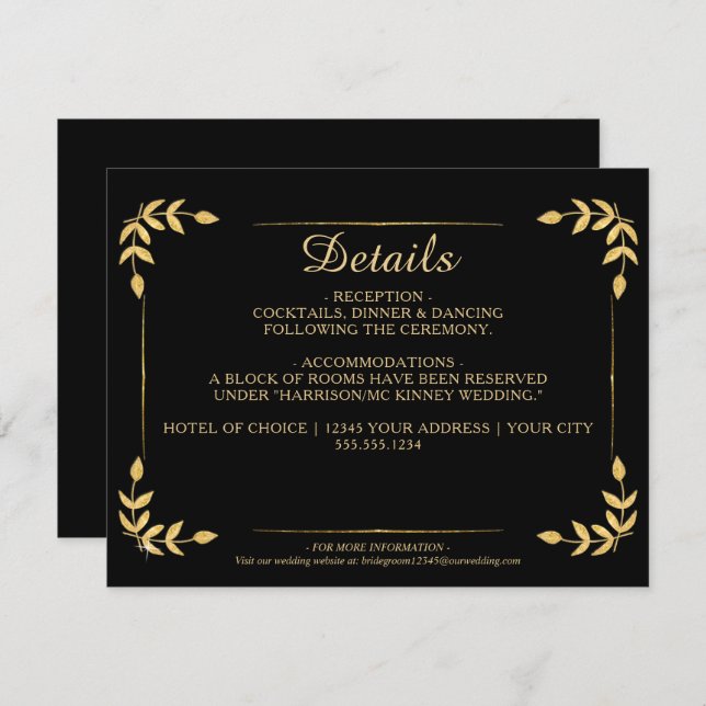 Elegant Gold Greenery Black Wedding Details Invitation (Front/Back)