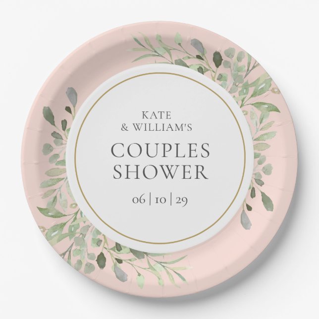 Elegant Gold Greenery Blush Pink Couples Shower Paper Plate (Front)