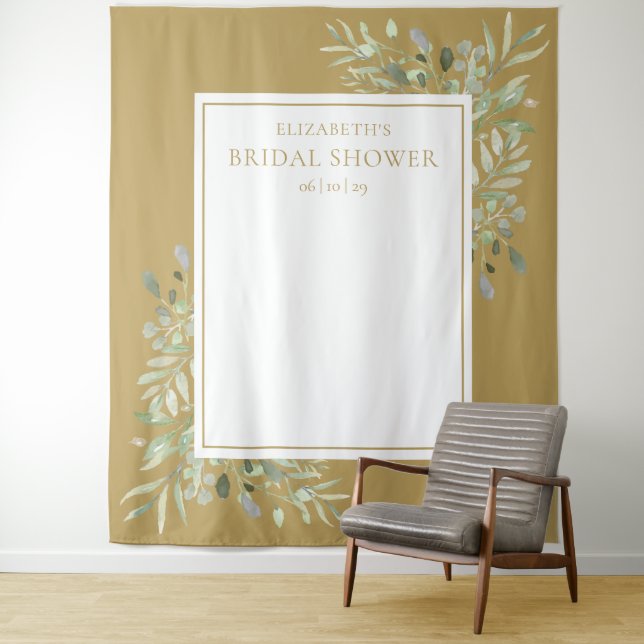Elegant Gold Greenery Bridal Shower Photo Backdrop Tapestry (In Situ)