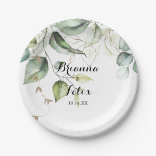 Elegant Gold Greenery Calligraphy Wedding Cake Paper Plate
