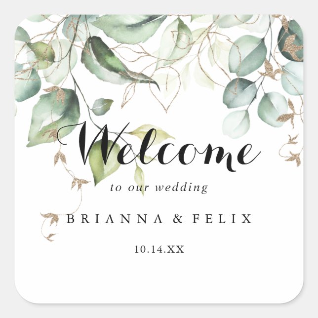 Elegant Gold Greenery Calligraphy Wedding Welcome Square Sticker (Front)