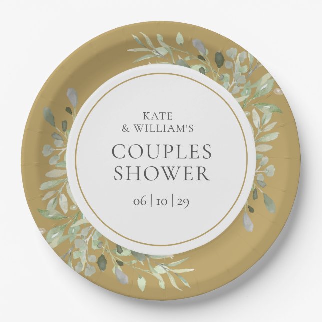 Elegant Gold Greenery Couples Wedding Shower Paper Plate (Front)