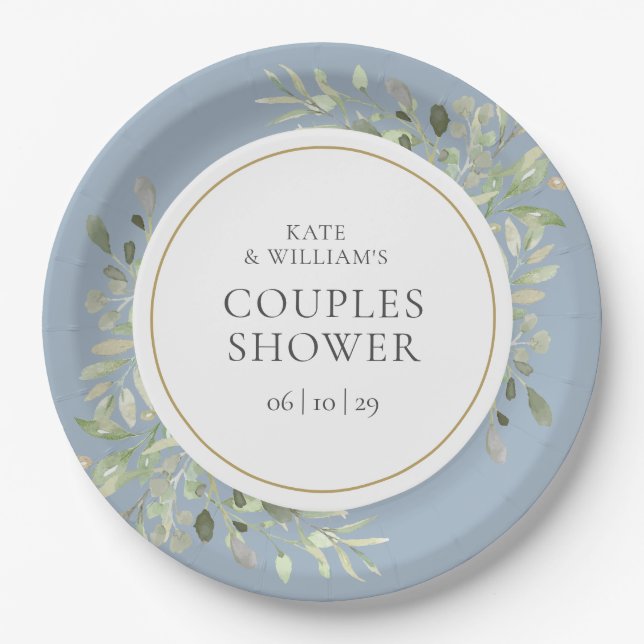 Elegant Gold Greenery Dusty Blue Couples Shower Paper Plate (Front)