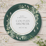 Elegant Gold Greenery Emerald Green Couples Shower Paper Plate<br><div class="desc">Featuring delicate watercolor greenery leaves on an emerald green background,  this chic botanical couples shower paper plate can be personalized with your special event details. Designed by Thisisnotme©</div>