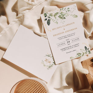 Elegant Gold Greenery Eucalyptus Monogram Wedding Invitation
