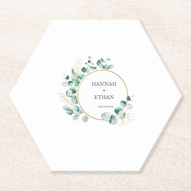 Elegant Gold Greenery Eucalyptus Personalized   Paper Coaster (Front)