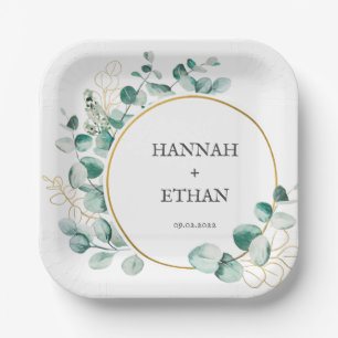 Elegant Gold Greenery Eucalyptus Personalized Paper Plate