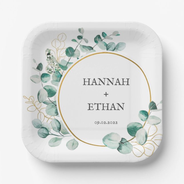 Elegant Gold Greenery Eucalyptus Personalized  Paper Plate (Front)