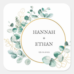 Elegant Gold Greenery Eucalyptus Personalized Square Sticker