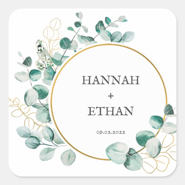 Elegant Gold Greenery Eucalyptus Personalized  Square Sticker (Front)