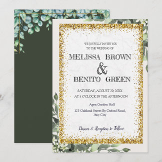 Elegant Gold Greenery Floral Watercolor Wedding  Invitation