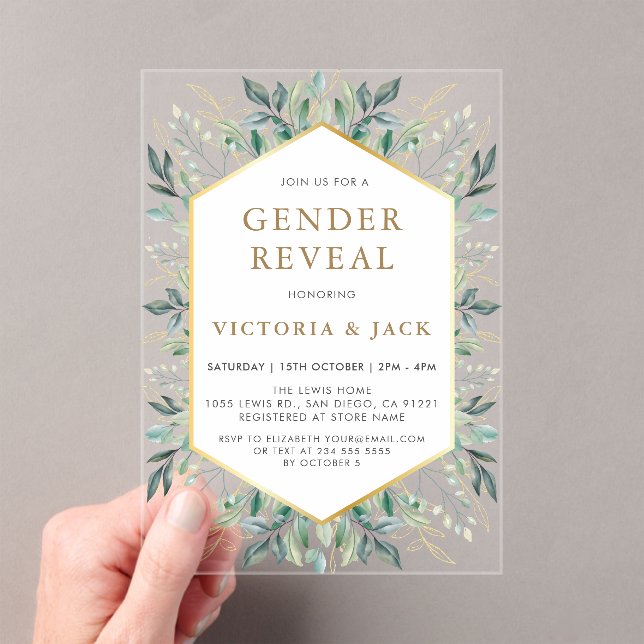 Elegant Gold Greenery Frame Gender Reveal Acrylic Invitations (Insitu (Handheld))