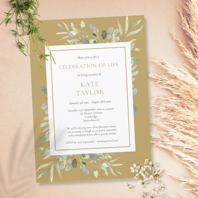 Elegant Gold Greenery Funeral Celebration of Life Invitation (Creator Uploaded)