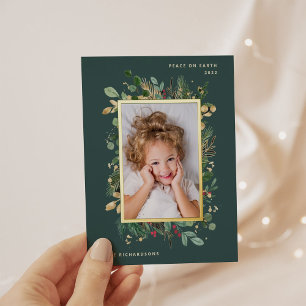 Elegant Gold Greenery   Green with Photo Foil Holiday Postcard