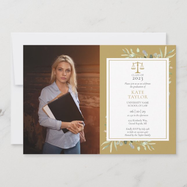 Elegant Gold Greenery Law School Graduation Photo  Invitation (Front)