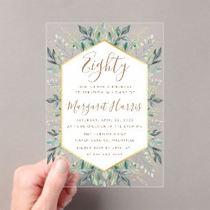 Elegant Gold Greenery Leaves 80th Eighty Birthday Acrylic Invitations