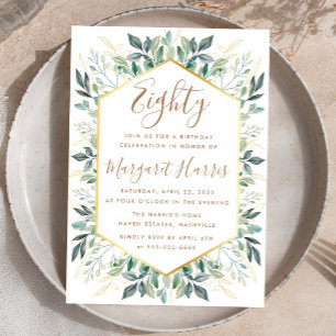 Elegant Gold Greenery Leaves 80th Eighty Birthday Invitation