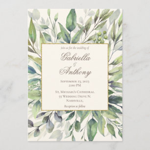 Elegant Gold Greenery Leaves Watercolor Wedding Invitation