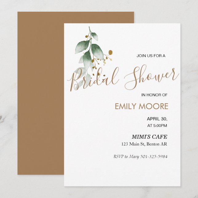 Elegant gold greenery modern bridal invitation (Front/Back)