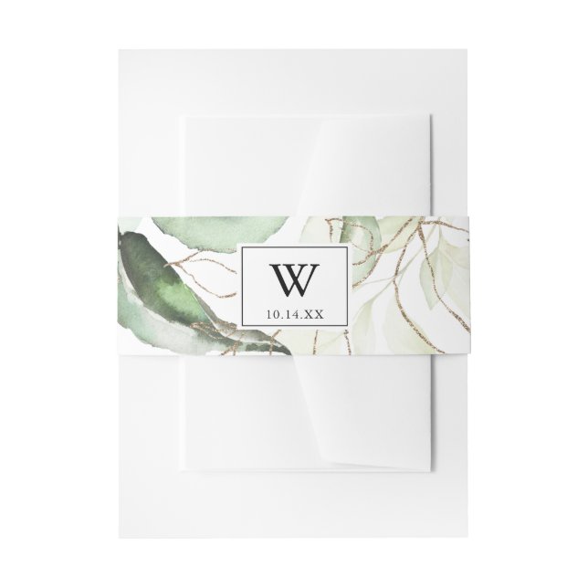 Elegant Gold Greenery Monogram Wedding Invitation Invitation Belly Band (Front Example)