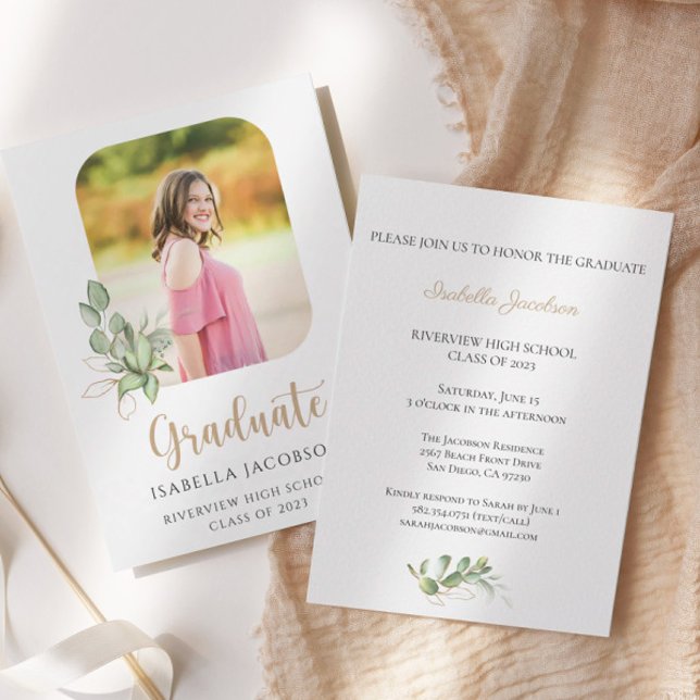 Elegant Gold Greenery Photo Graduation Invitation (Creator Uploaded)
