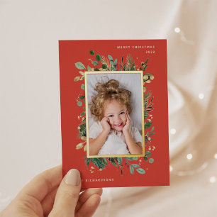 Elegant Gold Greenery Red with Photo Foil Holiday Postcard