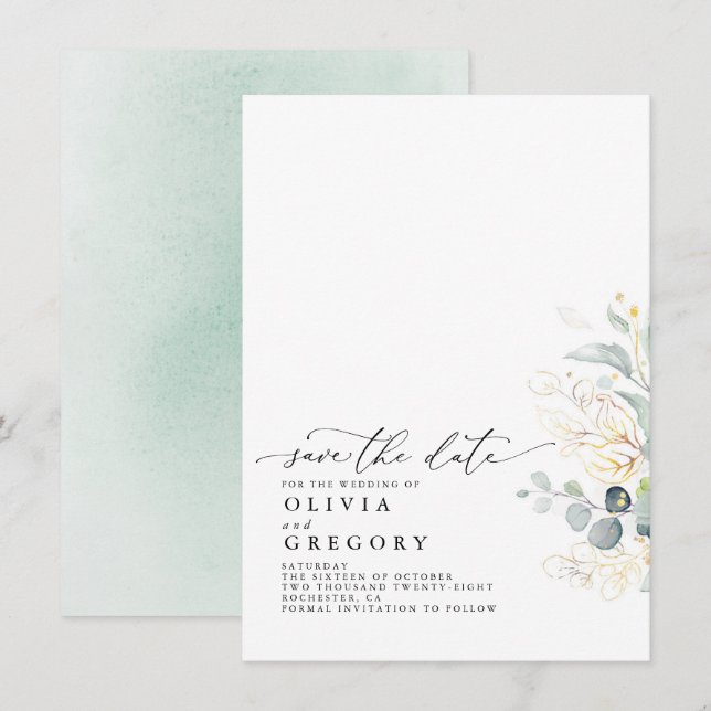 Elegant Gold Greenery Save The Date Announcement (Front/Back)