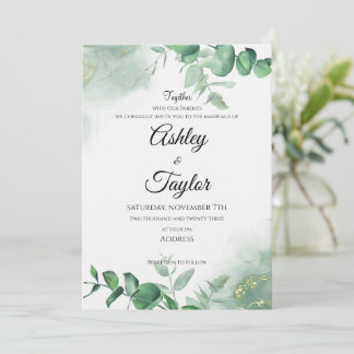 Elegant Gold & Greenery Watercolor Background Invitation