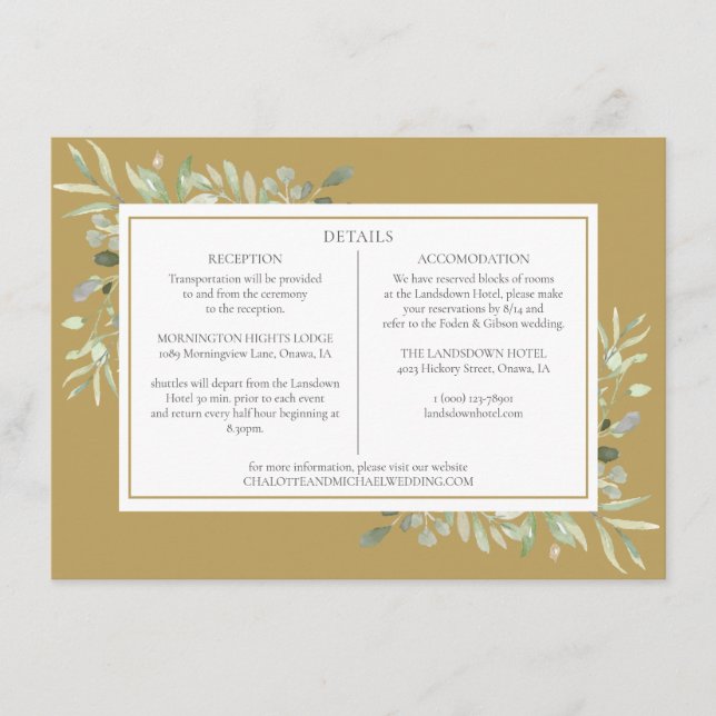 Elegant Gold Greenery Wedding Details Information  Enclosure Card (Front)