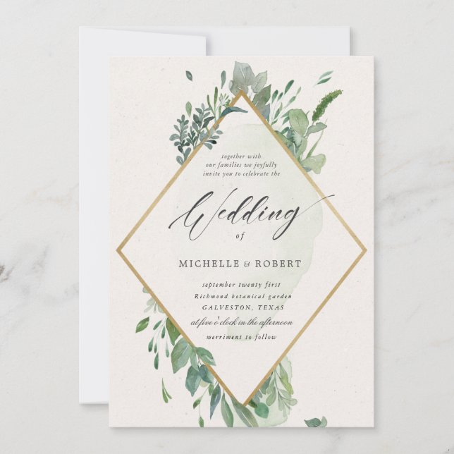 elegant gold greenery wedding Invitation (Front)