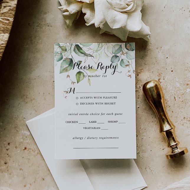 Elegant Gold Greenery Wedding Menu Choice RSVP (Creator Uploaded)