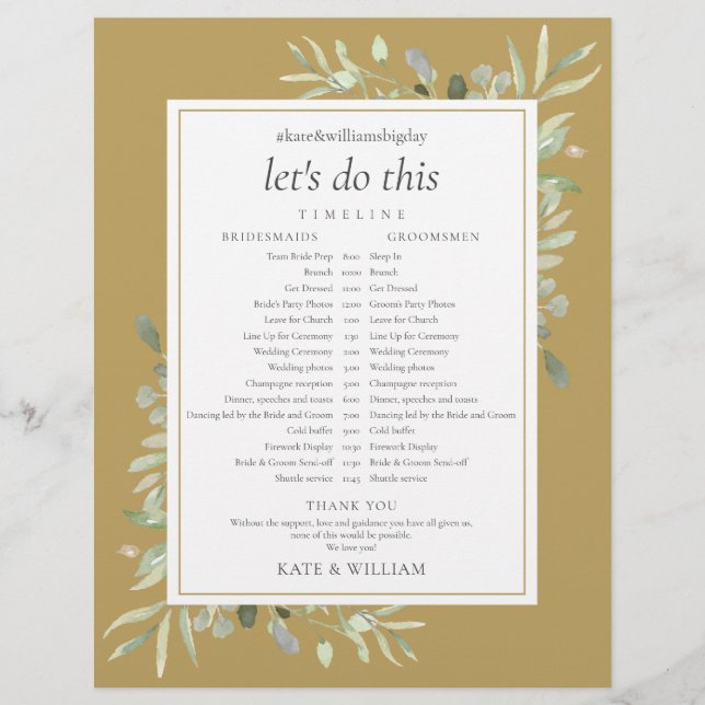 Elegant Gold Greenery Wedding Schedule Timeline (Front)